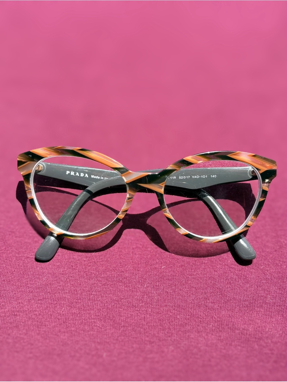 Prada Cat Eye Eyeglasses: Marbled Tortoise Olive 52-17-140 Italy